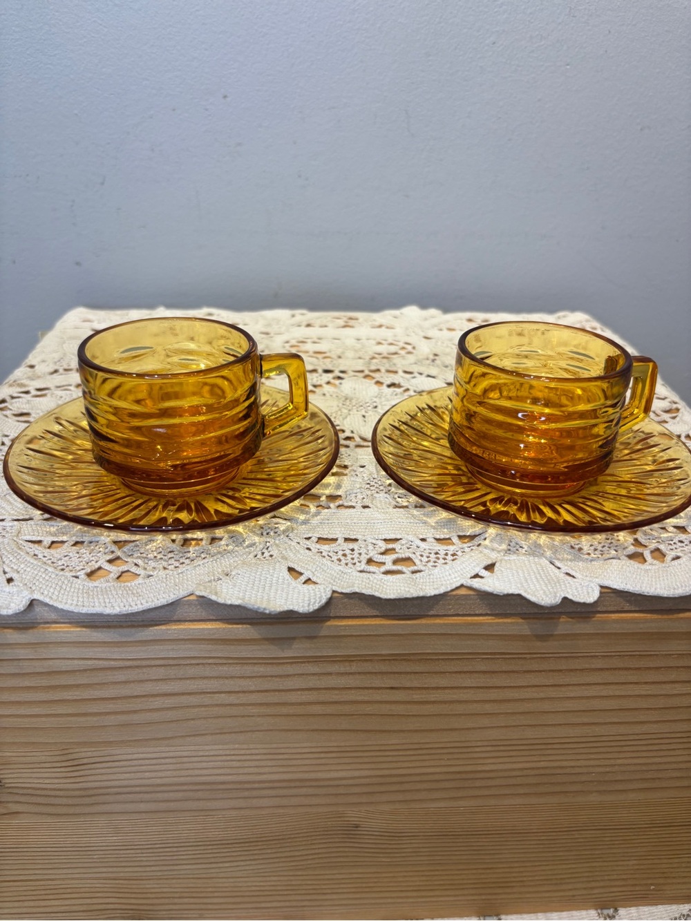 Pair of Amber Glass Espresso Cup And Saucer Small RETRO 70s Style